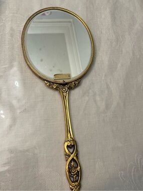 VTG 24K GOLD PLATED GLOBE VANITY HAND HELD MIRROR Floral